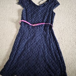 AB Studio Navy Lace Dress with Pink Waist Accent